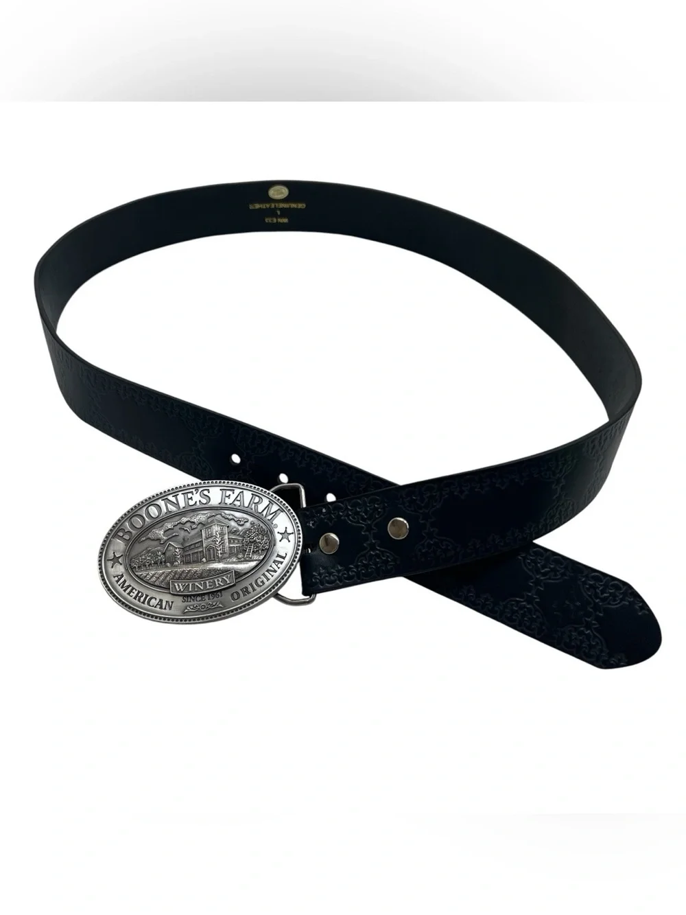 Boone’s Farm Winery Black Leather Belt with Decorative Silver Buckle
